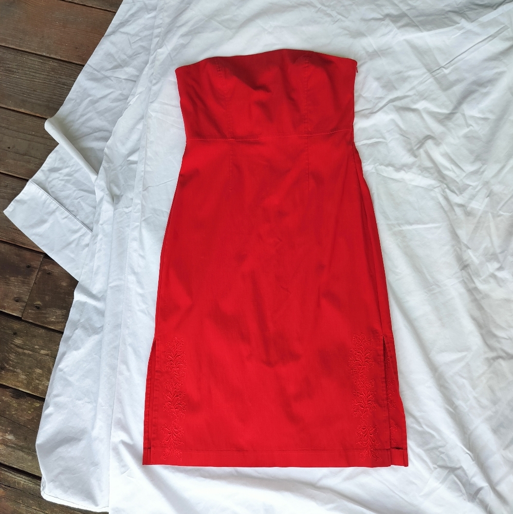 Y2K Express Red Embroidered Strapless Dress with Side‎ Slits and Lace Up Back
